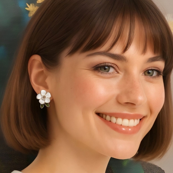 Dainty White Flower Spring Summer Earrings with Faux Pearls Rhinestone Accents - Picture 6 of 9